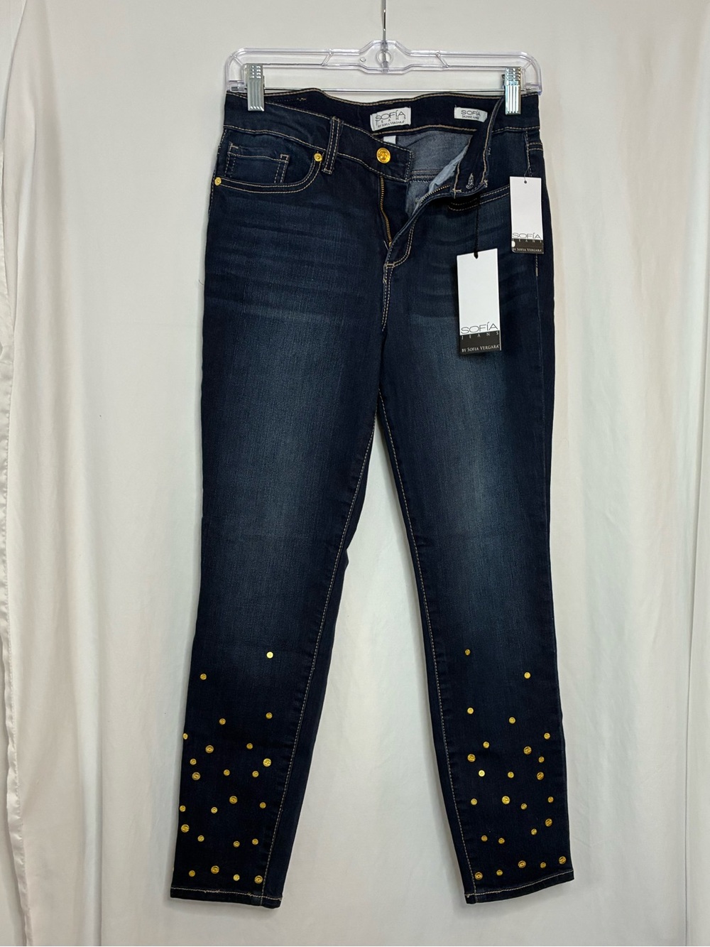 Sophia Vergara Dark Blue Cropped Jeans with Gold Stud Details